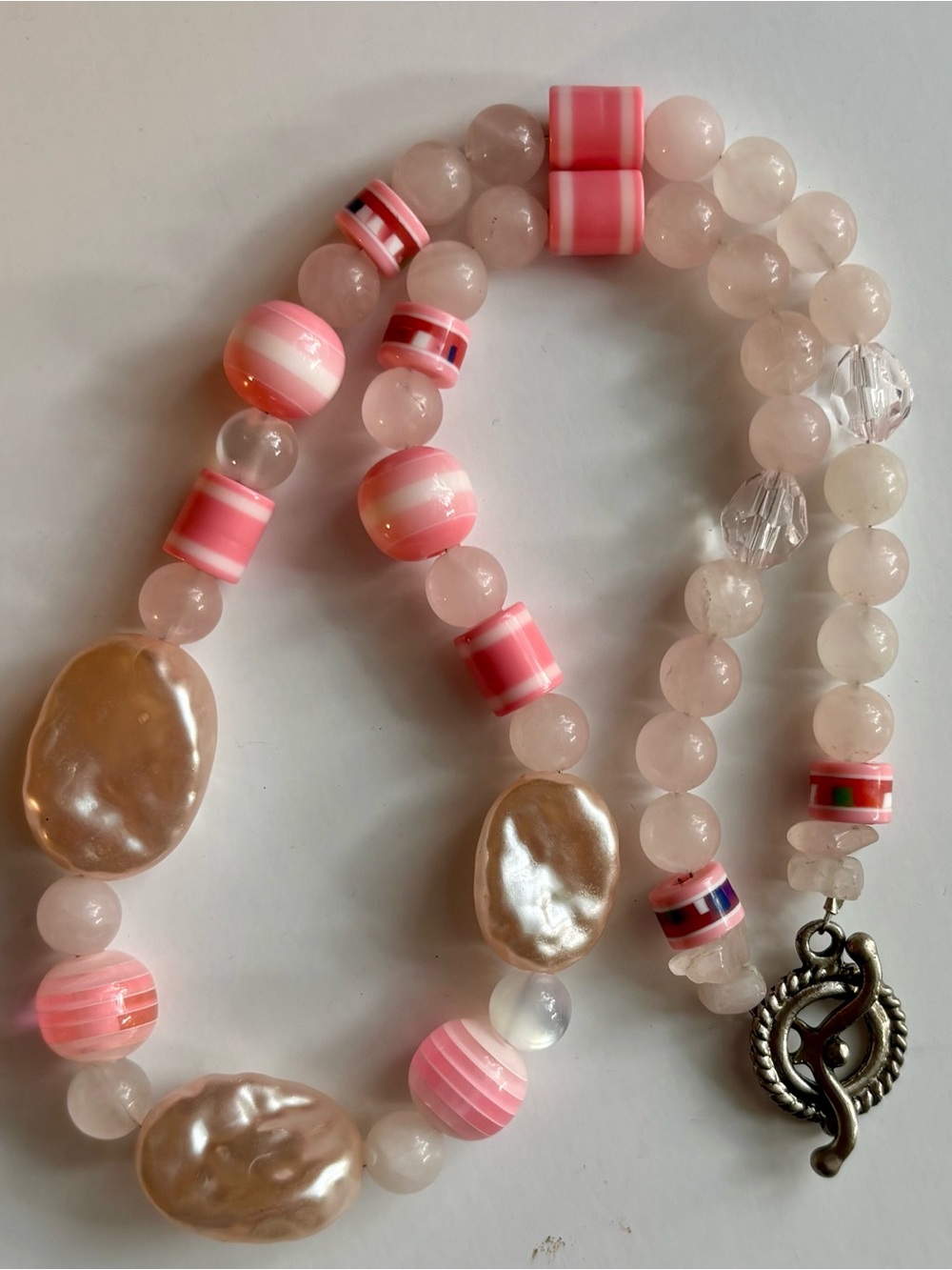 Pink Quartz Baroque Pearl Glass Bead Necklace Short Collarbone UV Glow